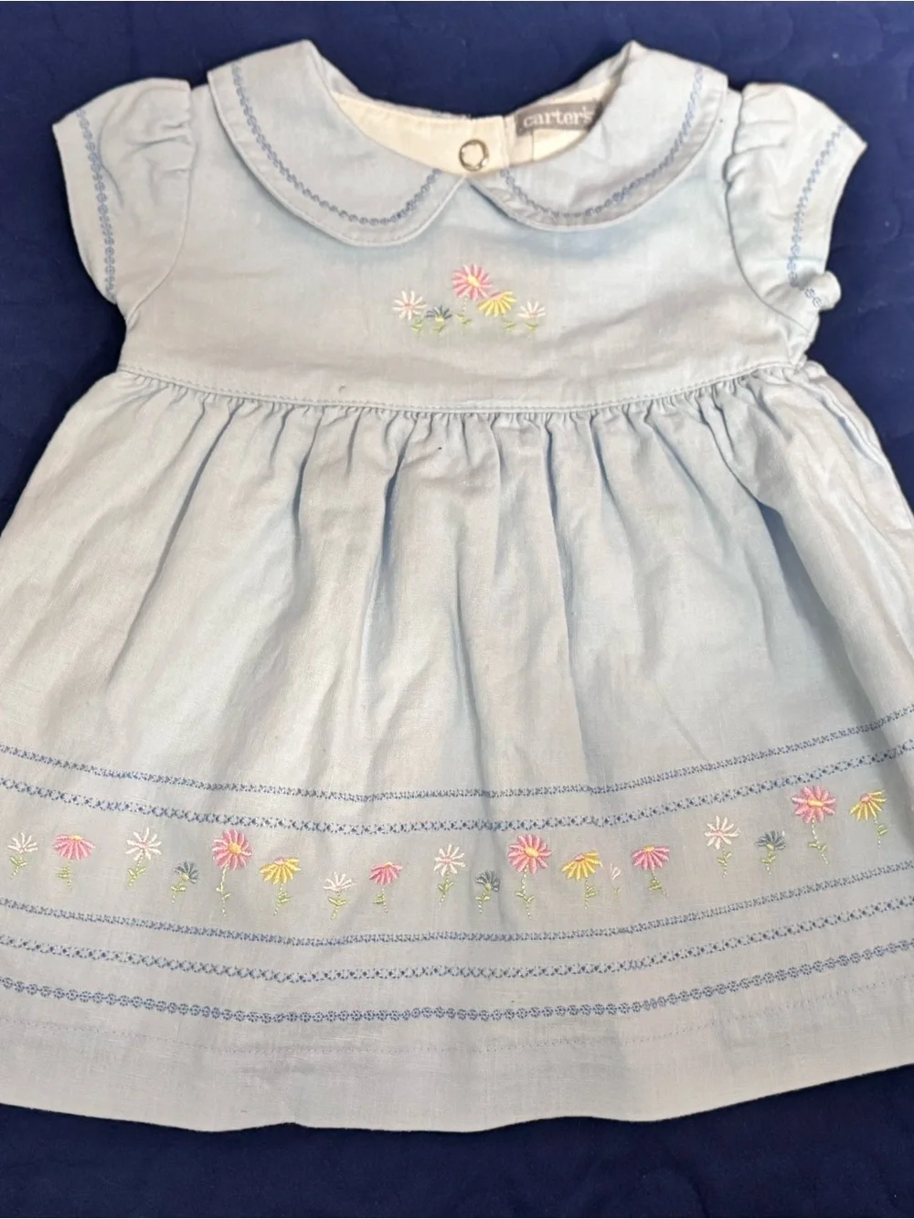 Carter's Pale Blue Peter Pan Collar Dress with Floral Embroidery